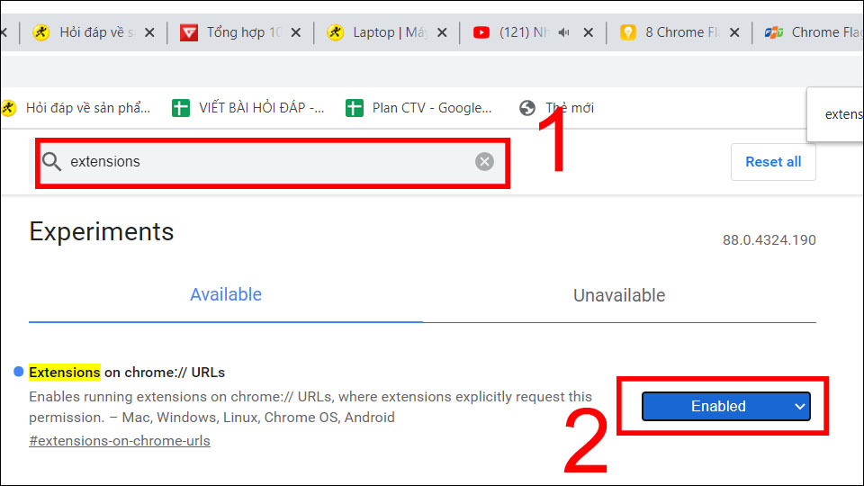 Nhập Extensions v&agrave;o &ocirc; t&igrave;m kiếm > nhấn Enter > Chọn Enabled.
